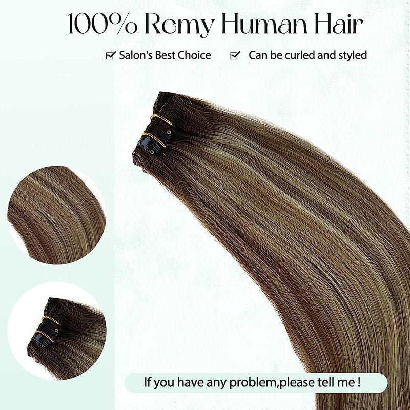 Human Hair Clip in Extensions Brown to Blonde Balayage Clip ins Extensions Remy Human Hair 16 Inch Clip on Extension Bleach Blonde Highlights Hair Extensions for Women Clip in 7Pcs 70g