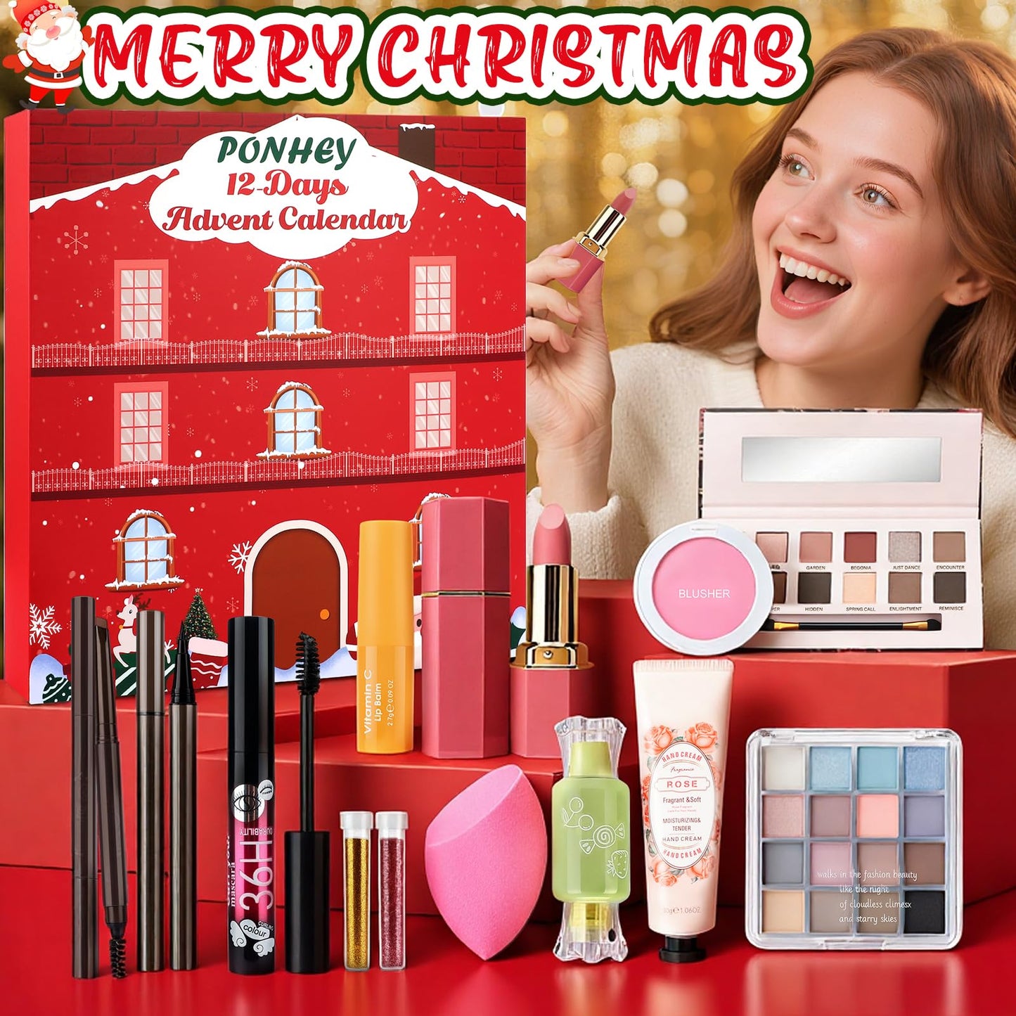 Ponhey Makeup Advent Calendar 2025,12 Days Christams Advent Beauty Calendar,Countdown Calendar For Girls Teens Women Adult,Xmas Holiday Beauty & Cosmetic Surprise Gift