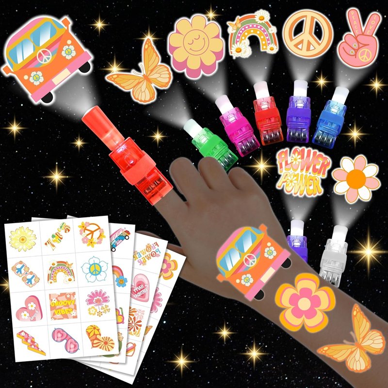 Groovy Party Favors Set - 72 PCS Tattoos & LED Finger Lights | Glow In The Dark Birthday Goodie Bag Fillers for Kids