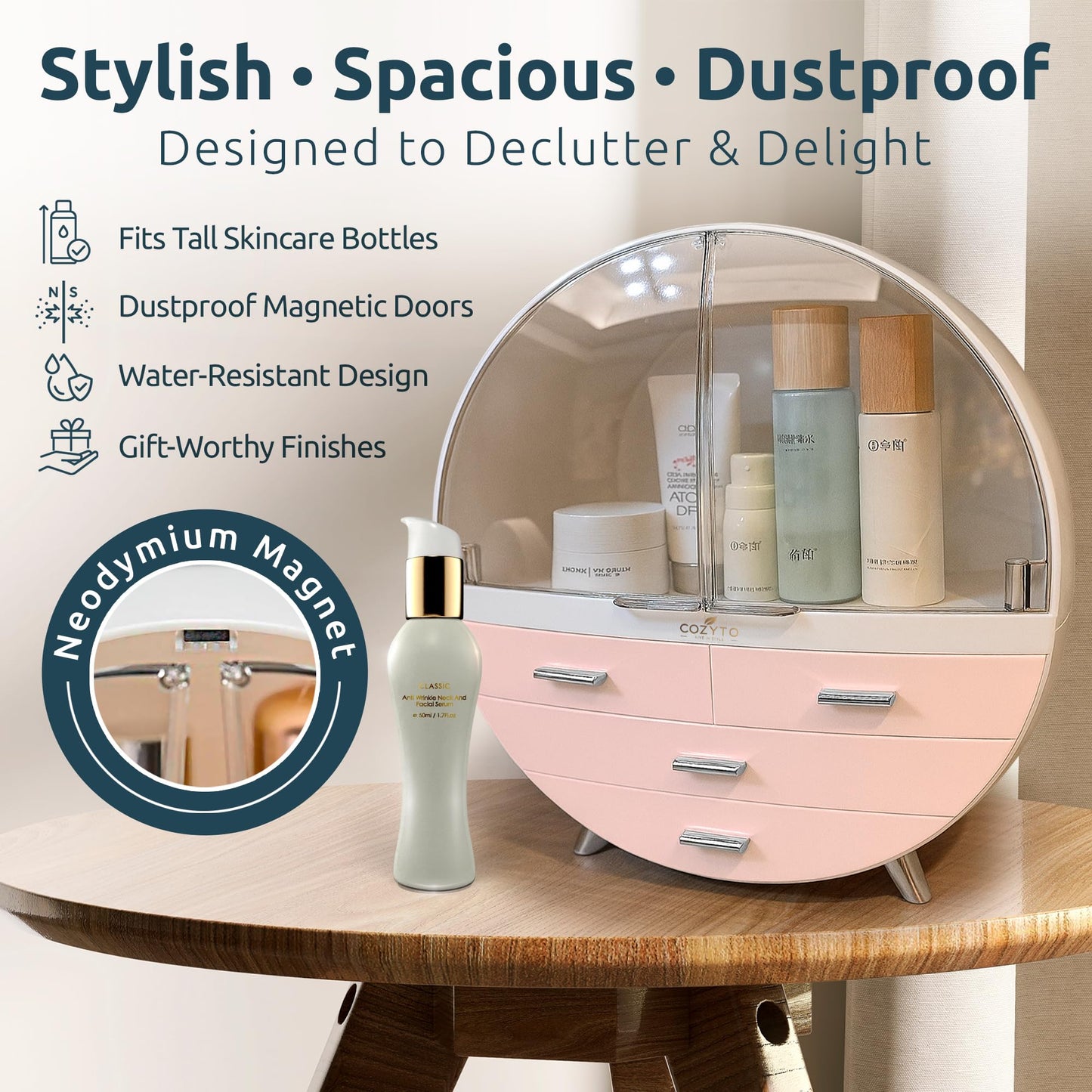 Glamora – Luna by COZYTO – Premium Cosmetic Organizer with Magnetic Doors Multi-Tier Skincare & Makeup Cabinet Perfume Organizer Makeup Organizer (Pearl White/Blush Pink & Silver Accents)