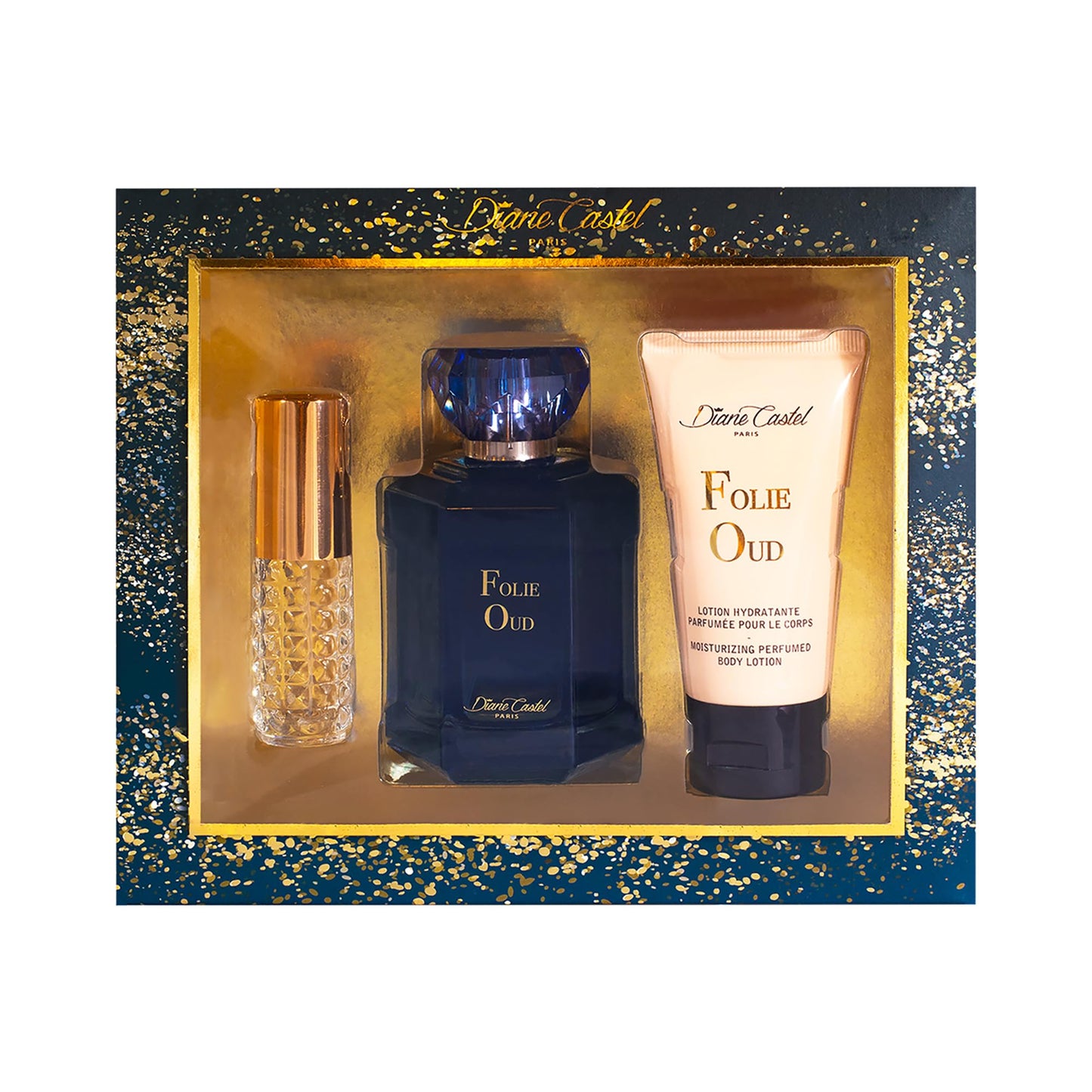 Diane Castel Folie Oud Gift Set - Floral Woody Amber Fragrance - Women Perfume and Body Lotion - Notes of Jasmine, Rose, and Oud - 3 pc