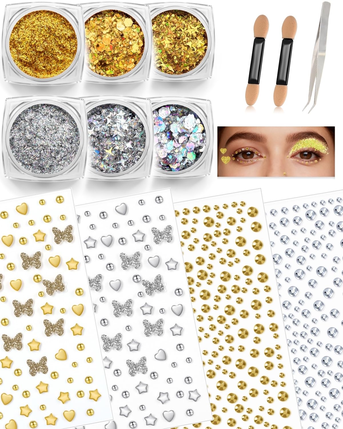 6+4 Gold Silver Face Gems Body Glitter Set: Sparkly Face Hair Glitter Gel & Self Adhesive Butterfly Heart Stars Stickers for Women Disco 50th Birthday Easter Party Makeup Accessories (Gold,Silver)