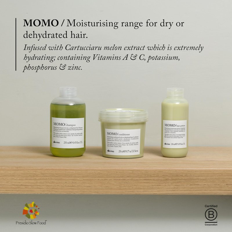 Davines MOMO Shampoo, Nourishing Gentle Cleansing Action for Dry and Dehydrated Hair - Promoting Lasting Hydration, Softness, and Shine with Cartucciaru Melon Extract, 8.45 Fl Oz