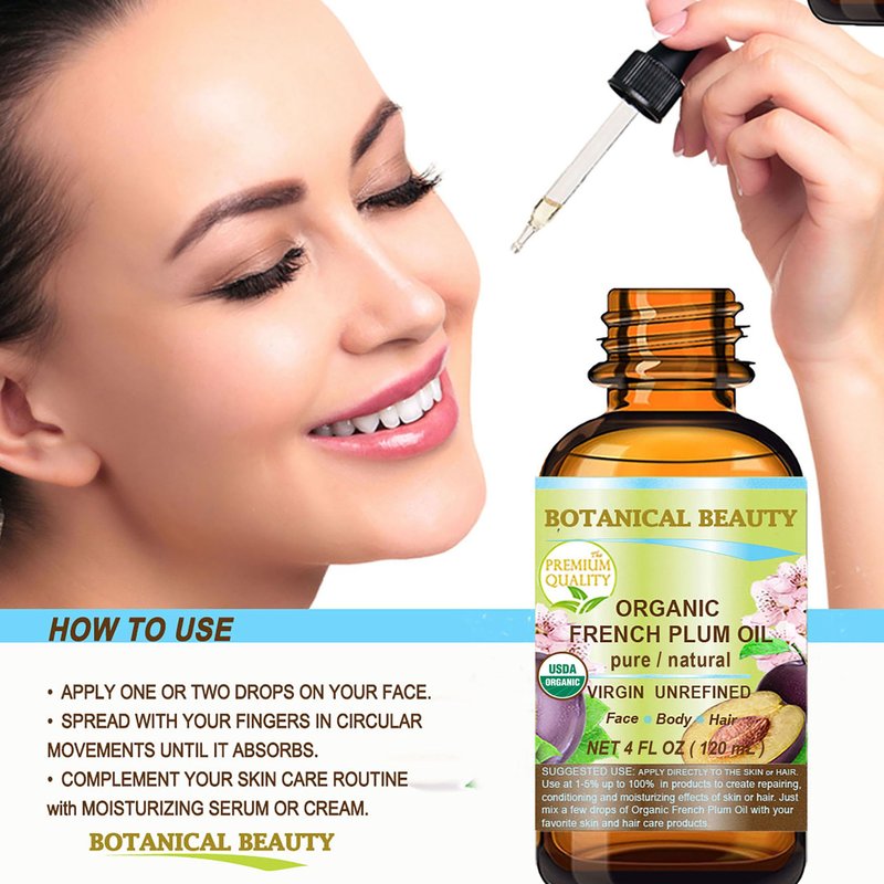 Botanical Beauty Organic French PLUM OIL 100% Pure Natural VIRGIN UNREFINED Cold-Pressed Carrier Oil for Face, Skin, Body, Hair, Lip, Nails. Rich in Vitamin E, Omega 6, Omega 9 (2 Fl Oz)
