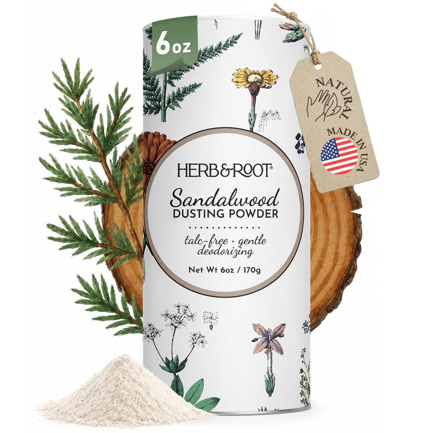 Sandalwood Talc-Free Dusting Powder with Arrowroot, Oats, Zinc & Magnesium - Body & Foot Powder for Women, Chafing & Deodorizing (Sandalwood)