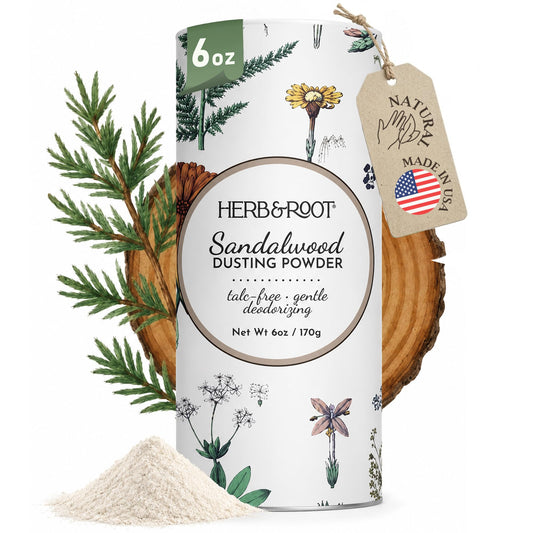 Sandalwood Talc-Free Dusting Powder with Arrowroot, Oats, Zinc & Magnesium - Body & Foot Powder for Women, Chafing & Deodorizing (Sandalwood)