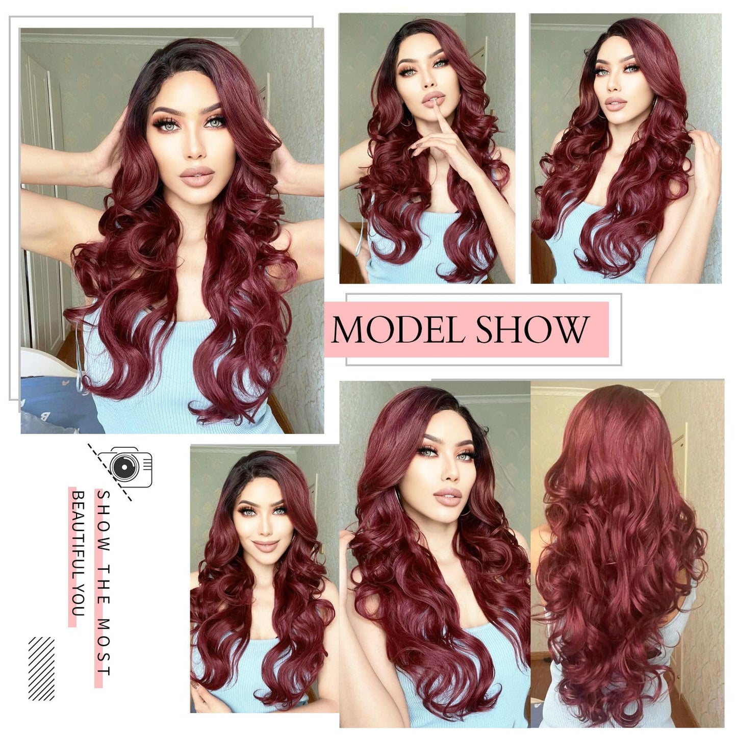 Ebingoo + Wig Cap 26 Inch Burgundy Lace Front Wigs with Dark Roots Wine Red Lace Front Wig With Baby Hair Ombre Red Lace Front Wigs for Women Daily Wear Party