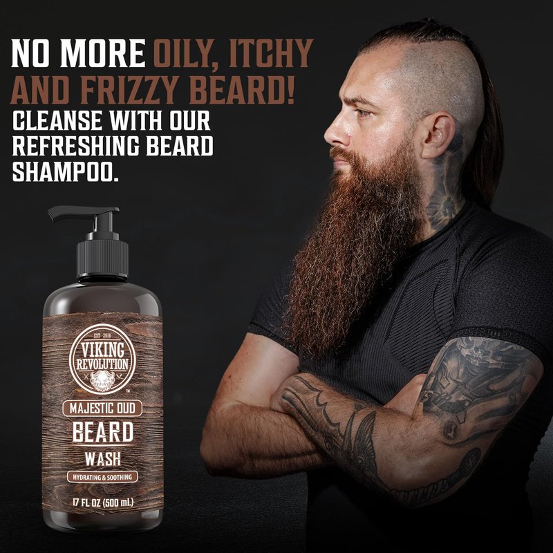 Viking Revolution Beard Wash and Beard Conditioner for Men with Argan Oil and Jojoba Oil - Beard Softener and Strengthener Beard Care Beard Shampoo and Conditioner with Beard Oil (17oz, Majestic Oud)