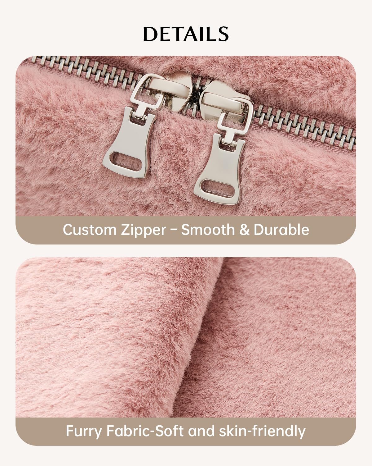 EACHY Travel Makeup Bag,Cute Faux Fur Cosmetic Bag for Women,Portable 180°Wide-Open Flat Make Up Bag,Large Capacity Makeup Pouch Make Up Organizer with Divider and Handle