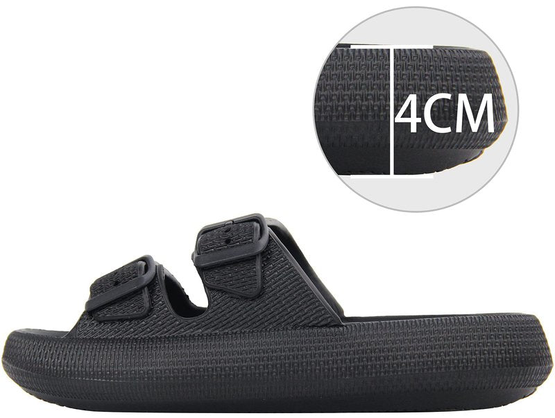 BenSorts Pillow Slippers for Women and Men Cute Rubber Sandal Adjustable Buckles Soft Slides Shower Spa Bath House Slippers Indoor Outdoor Black Men Size 8.5 9 9.5 Women Size 9.5 10 10.5