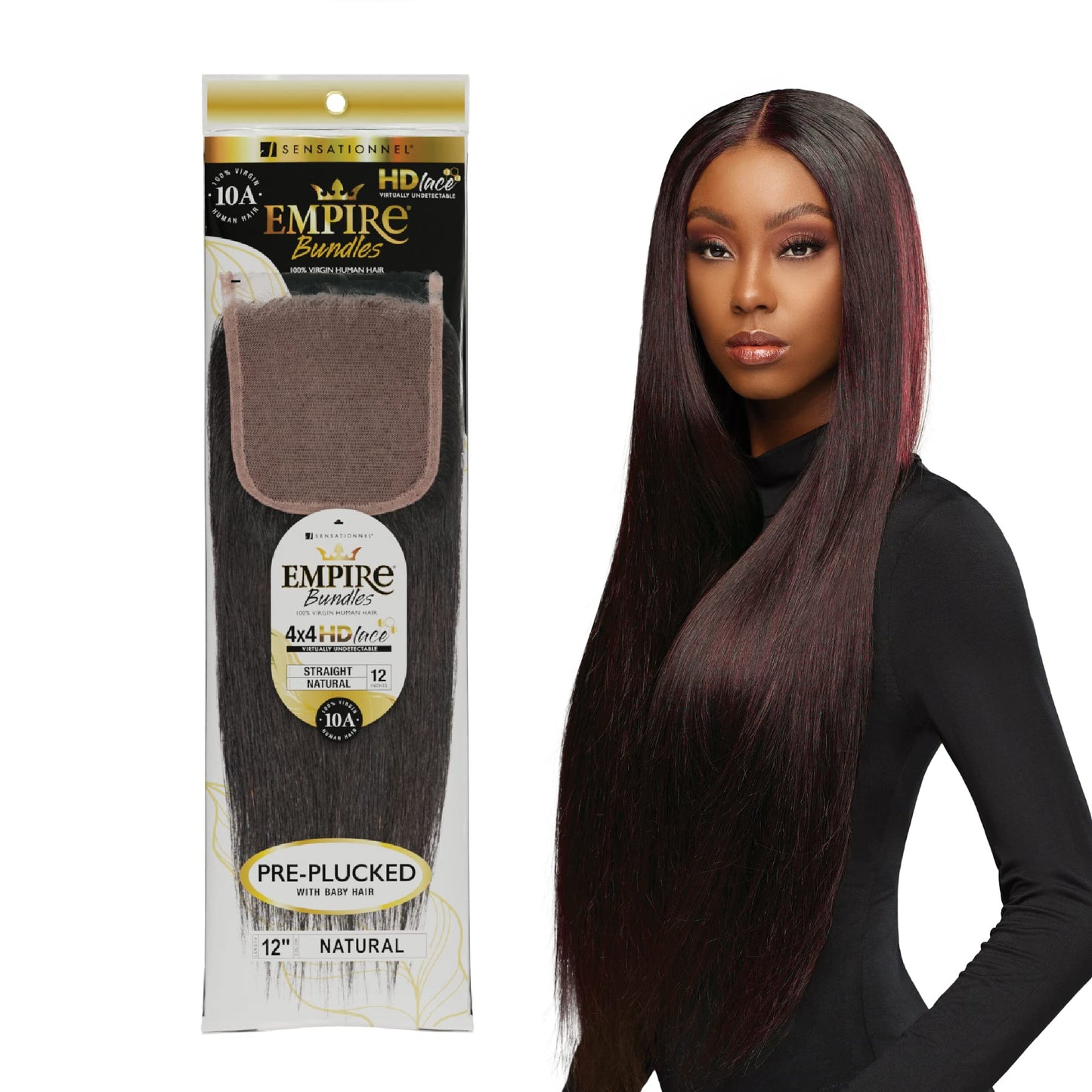 Sensationnel Empire bundle 4x4 closure - straight HD lace large free parting lace frontalclosure unprocessed human hair weave (12 inch, NATURAL/BLACK)