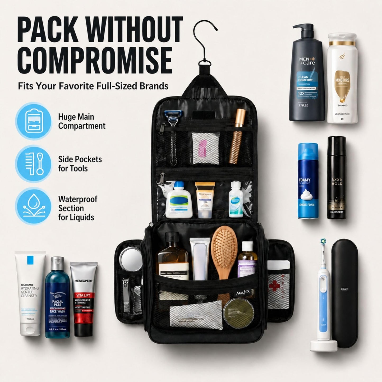 AvaJex Travel Toiletry Bag for Men - Large Dopp Kit (10.6"x10.6"x3.2") - Hanging Waterproof Mens Hygiene Organizer Bag with XXL Metal Swivel Hook, Sturdy Zippers and 19 Compartments for Toiletries