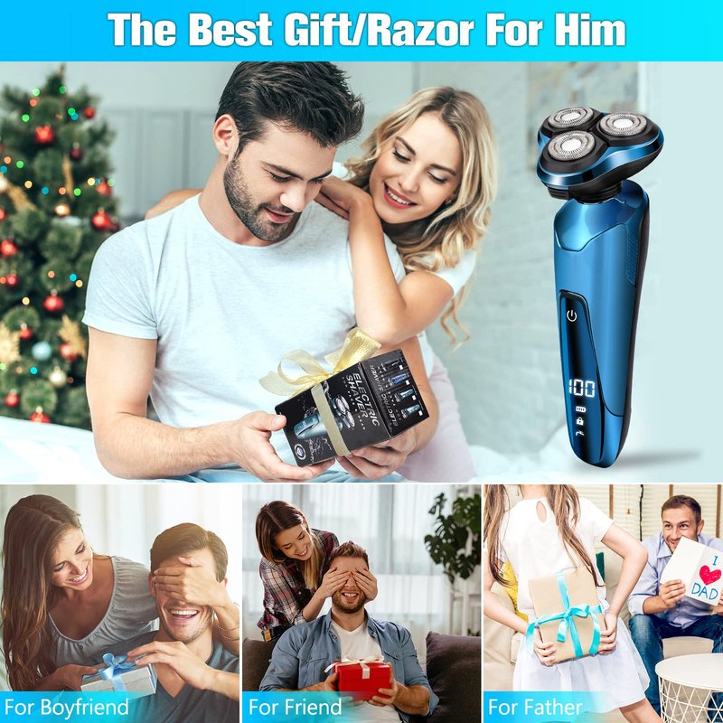 Electric Razor for Men, 3-in-1 Shaver with Floating Blades for Nose Hair &Sideburns,Replacement Blades, Pop-up Trimmer, IPX7 Waterproof, Travel Lock, Wet & Dry Use, Face Shaving Grooming Travel Kit