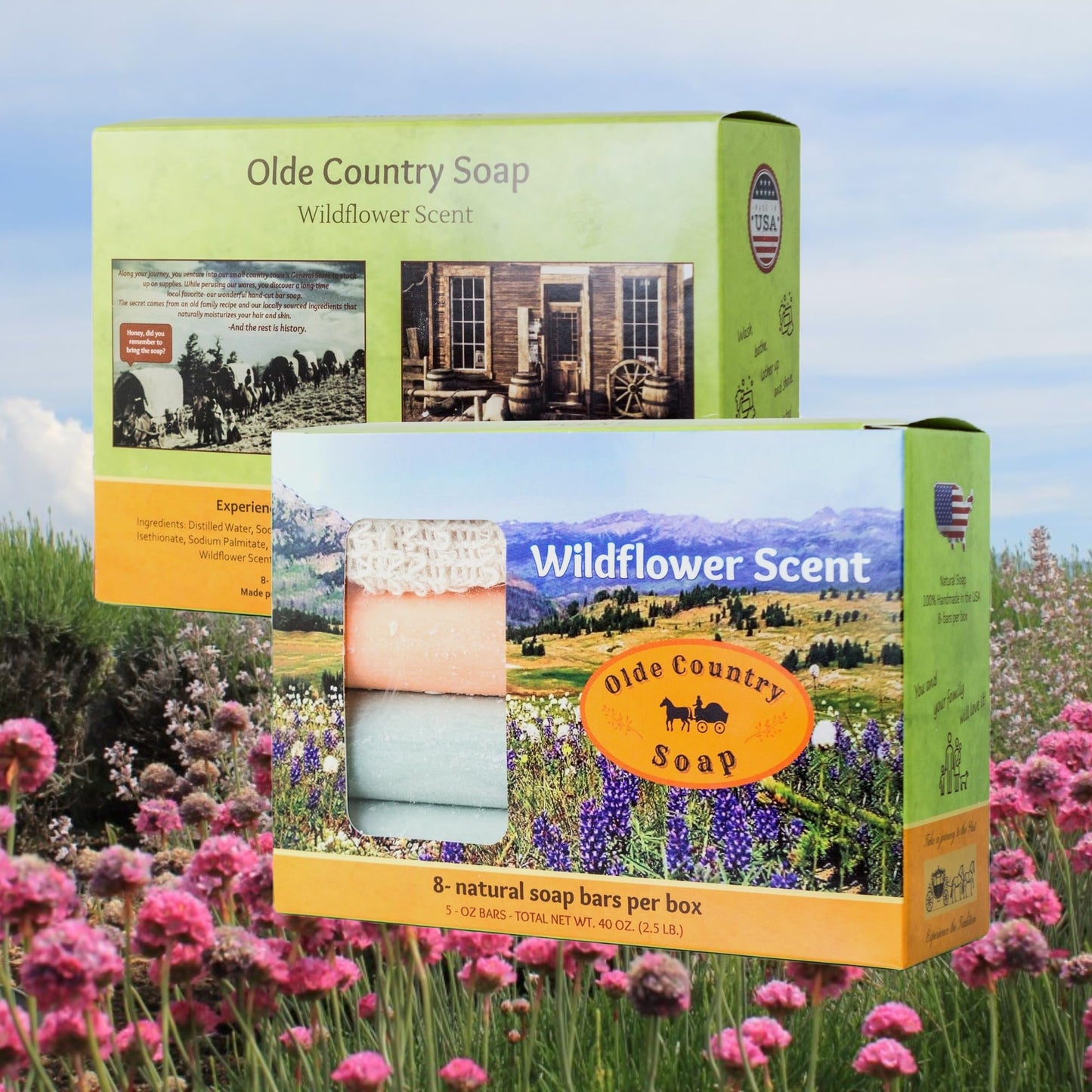 Olde Country Soap - The Original 8-Bar Box - (8) Natural Soap Bars (5oz. each) + (1 pc.) Complimentary Sisal Fiber Soap Bag