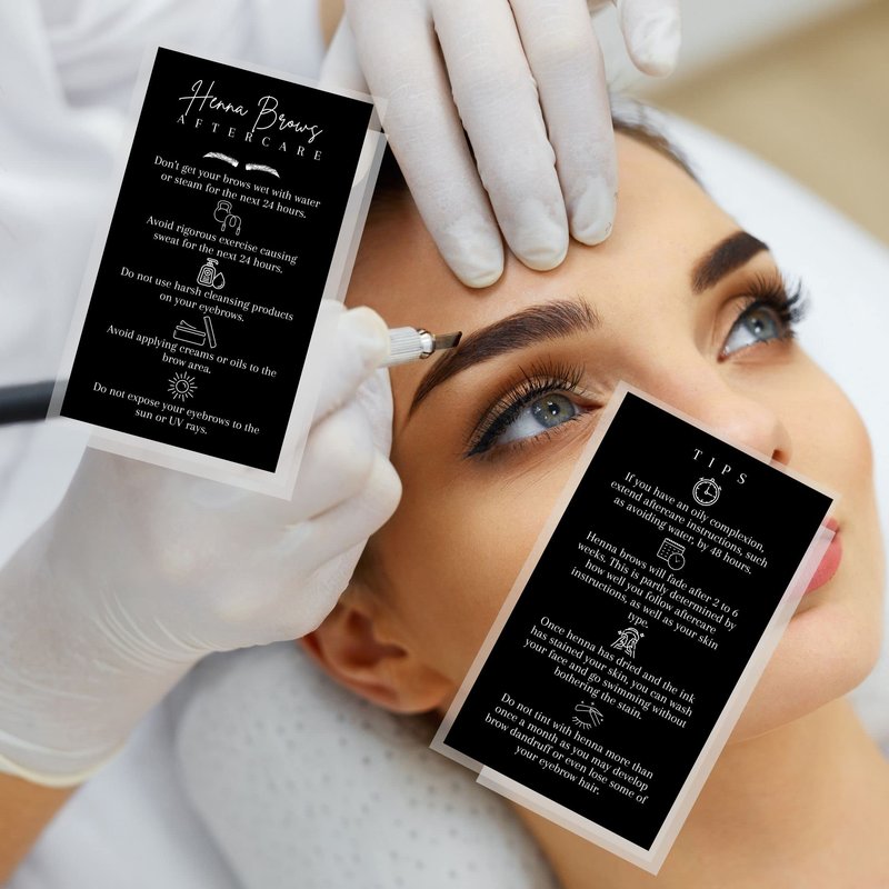 Brow Henna Aftercare & Tips Cards 50pk 2 x 3.5” Brow Artist Supplies Henna Brow Care Black and White Design