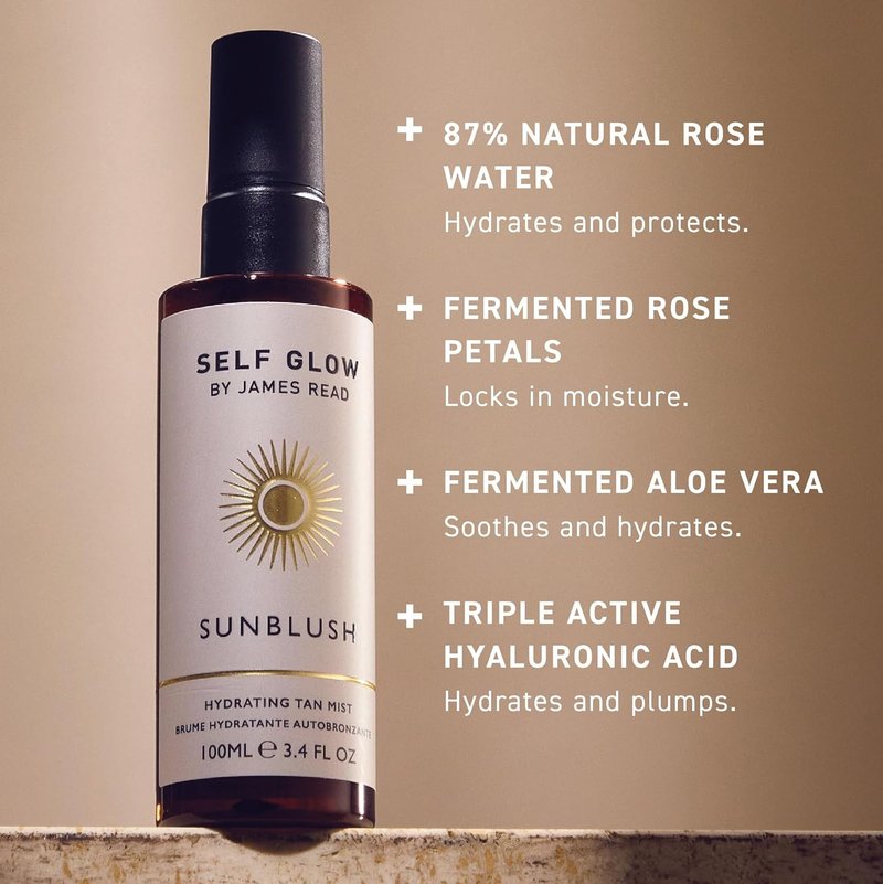 Self Glow Sunblush Hydrating Tan Mist - Lightweight Gradual Tanner with Rosewater | Non-Drying Alcohol (100mL | 3.4 fl oz)