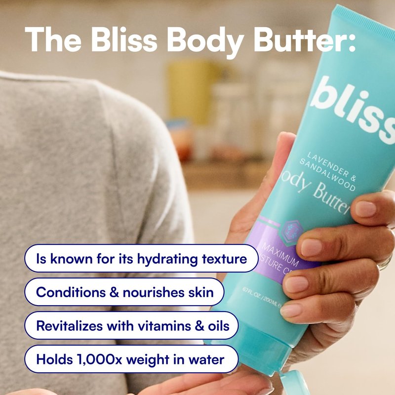 Bliss Body Butter - Lavender and Sandalwood - Maximum Moisture Cream - 6.7 Fl Oz - Body Lotion for Dry Skin - Long-Lasting Moisturizer for Women & Men - Vegan and Cruelty-Free