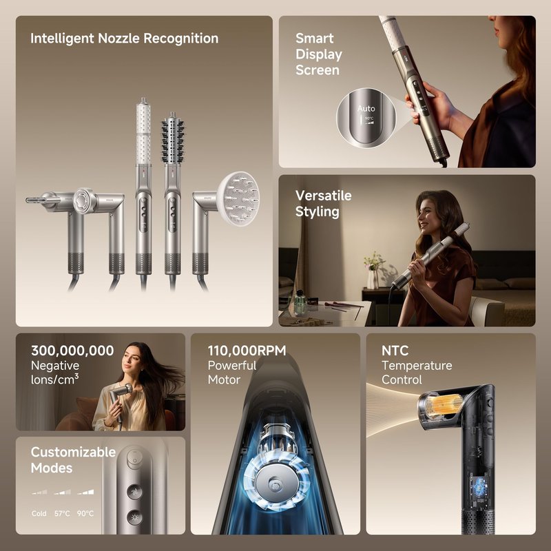 Dreame Dazzle Hair Styler and Dryer- Intelligent Nozzle Recognition, 110,000RPM High-Speed Motor for Fast Drying, 300M Negative Ions, 5 Snap-on Attachments, Smart Screen, 3 Customizable Modes