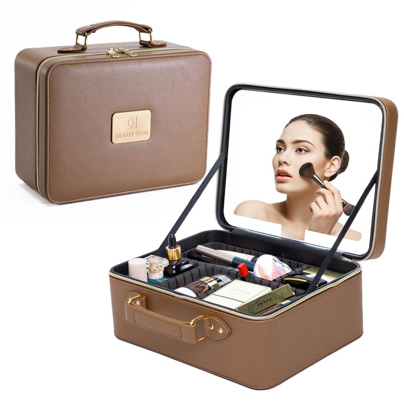 ZhenGuiRu Travle Makeup Bag with LED Mirror, Makeup Train Case with Light Up Mirror, Portable Waterproof Makeup Organizer with Adjustable Dividers, Cosmetic Brush Holder Storage for Women Gift