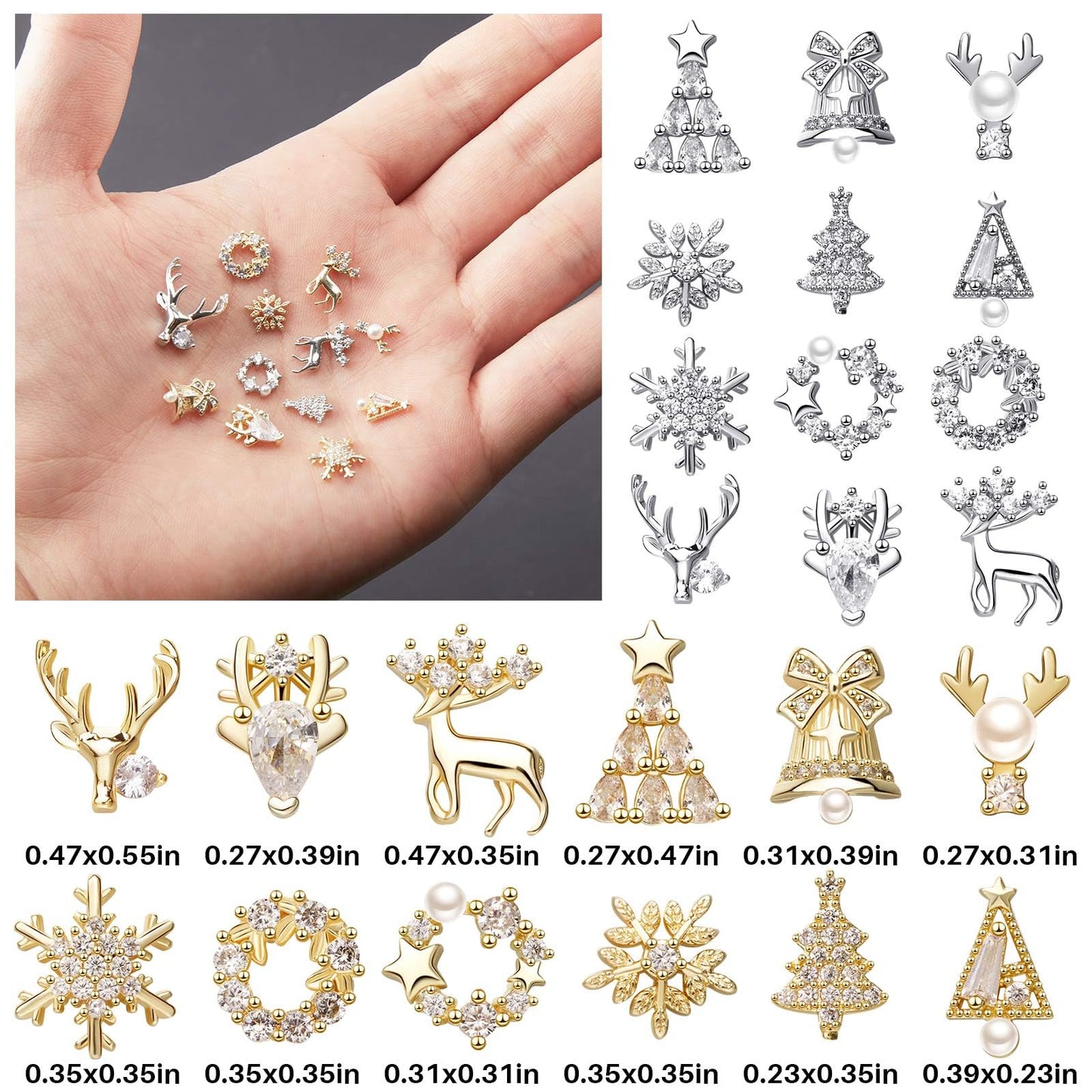 24 Pcs Christmas Nail Charms Rhinestones Snowflake Deer Christmas Wreaths Tree Bell Nail Gems 3D Gold Silver Art Jewels Metal Diamonds Design for Xmas Holiday DIY Craft Decorations