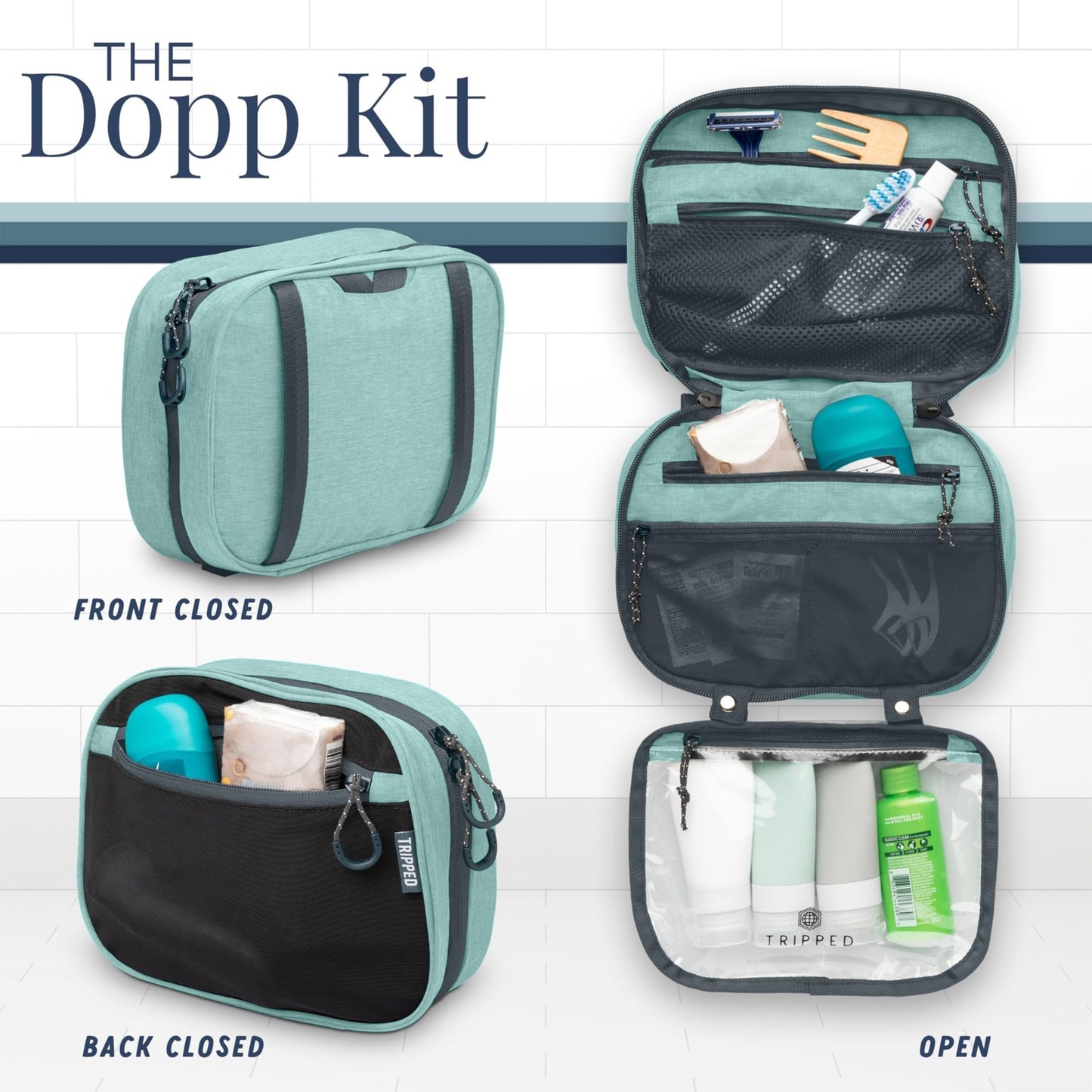Toiletry Bag Kit 3 Piece Set: Hanging Travel Toiletry Bag + 311 TSA Cosmetic Liquid Bag + Accessory Organizer Pouch (Dusty Teal)