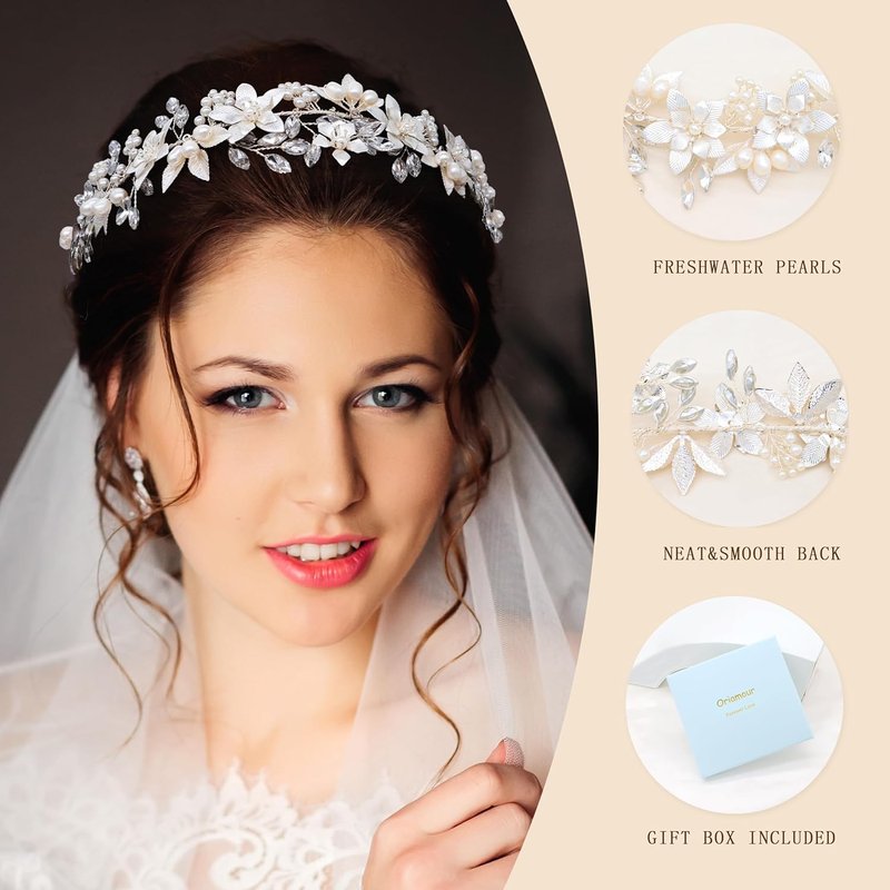 Oriamour Bridal Headband - Flower Design with Genuine Freshwater Pearls & Ribbons | Silver Hair Accessory for Weddings