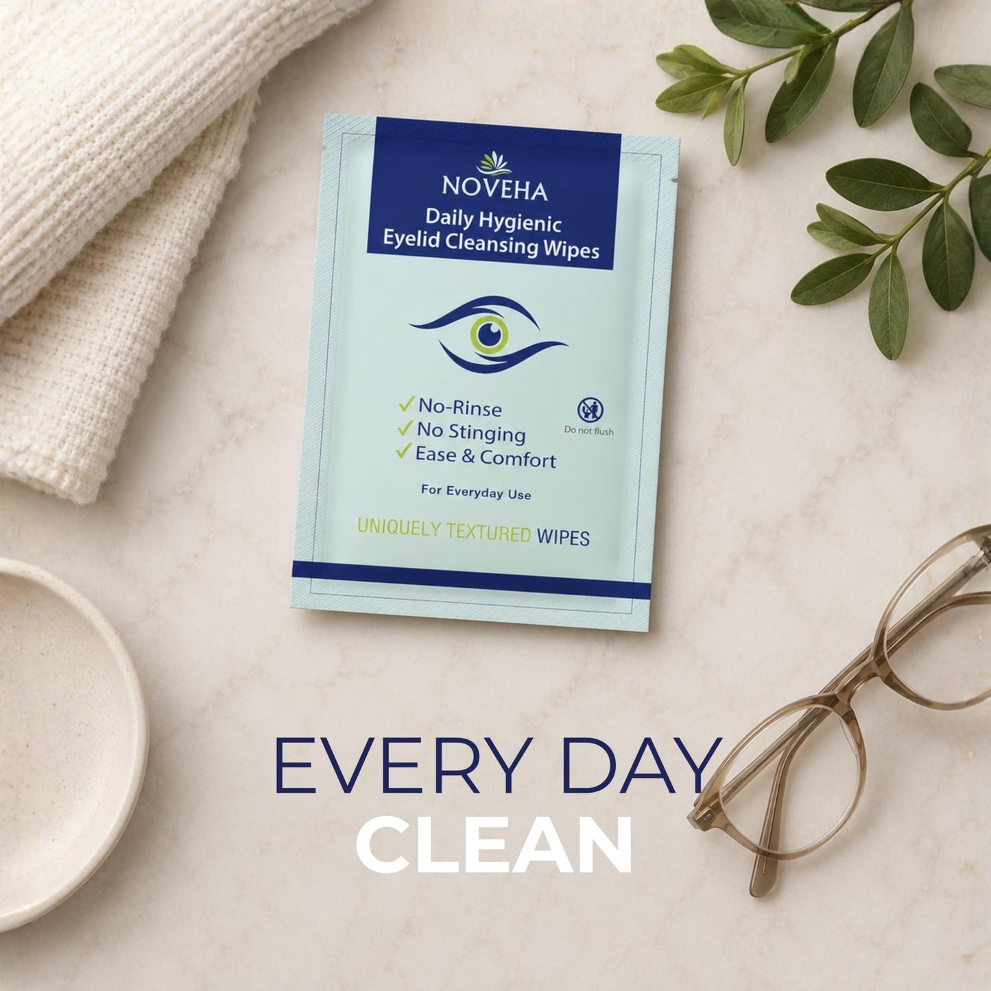 NOVEHA 120Pcs Daily Hygienic Eyelid & Lash Wipes | 120 Individually Wrapped Cleansing Eyelash Wipes - For Blepharitis & Itchy Eyes, Demodex and Natural Makeup Remover & Daily Cleanser (2 Pack)