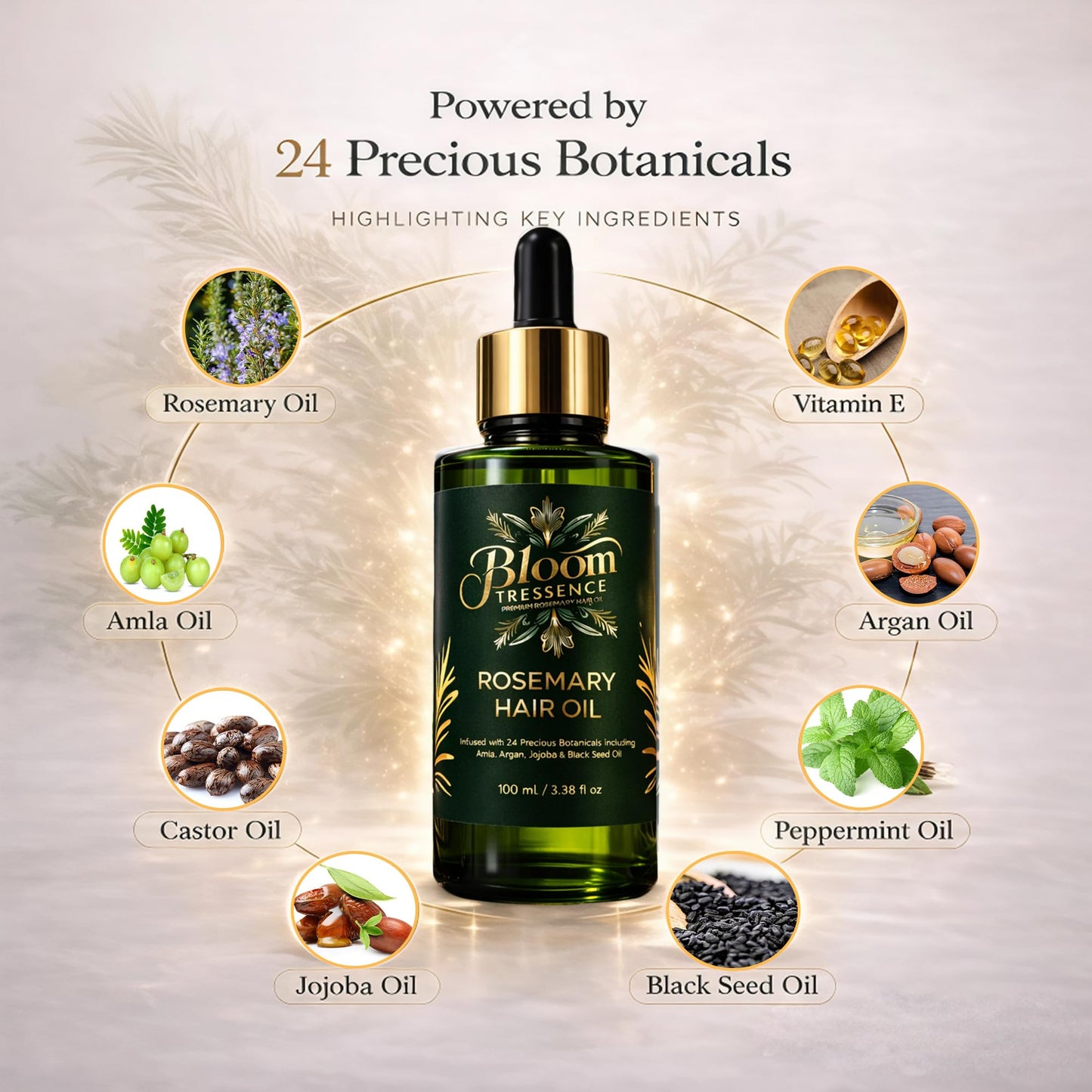 BLOOM TRESSENCE Premium Rosemary Hair Oil for Hair Growth – Anti Hair Fall & Scalp Treatment with 24 Botanical Oils (Amla, Argan, Castor & Jojoba) – For Thinning Hair, Regrowth & Thickness – 100ml