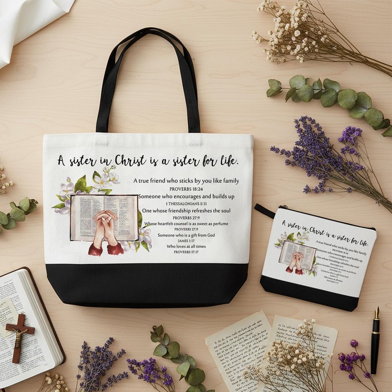 Paterr 6 Pcs 250th Anniversary Christian Tote Bags for Women, Bible Tote Bag and Canva Makeup Bag Inspirational Gifts for Teacher Nurse Ladies Sister Birthday Friendship Old Maids (Sister in Christ)