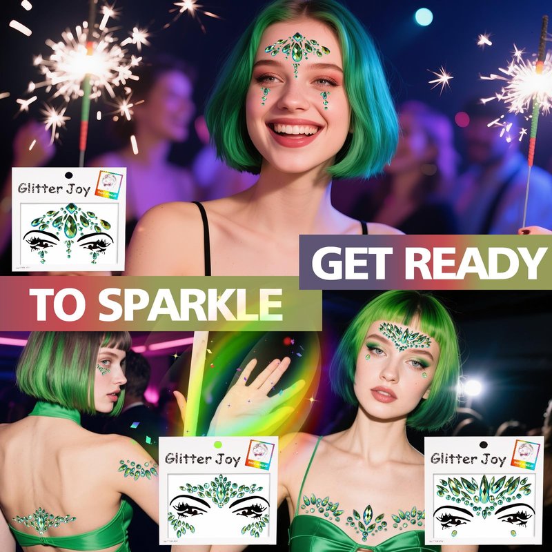 4-Pack Green Face Gems Tattoo,Tears Jewels Temporary Tattoos Stickers for Halloween Festival Music Carnival Party Makeup