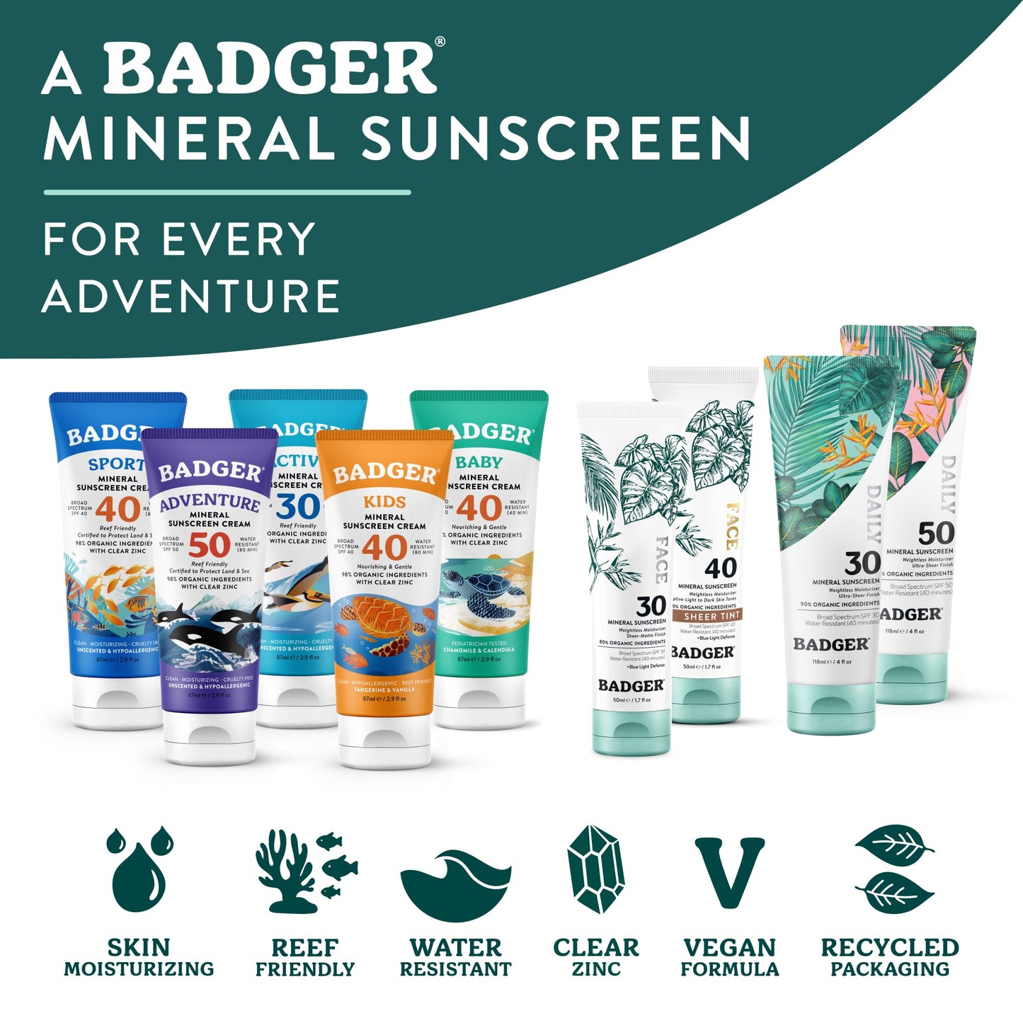 Badger SPF 50 Daily Mineral Sunscreen with Zinc Oxide, 85% Organic, Lightweight & Easy to Apply, No White Cast, Moisturizing, Reef Safe, Vegan, Unscented, 4 fl oz