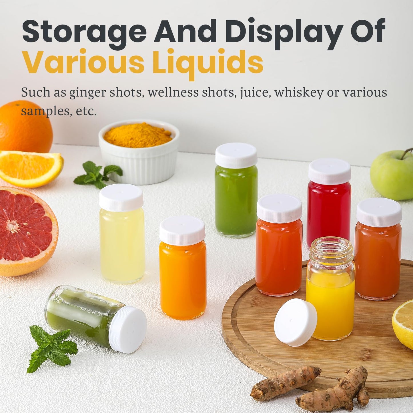 20 Pack 2 oz Glass Shot Bottles w/ White Lids & 20 Labels - Small Clear Jar for Ginger, Wellness Shot, Juice, Sample, Whiskey - Travel Essentials Mini Bottles - Wide Mouth, Leakproof, Dishwasher Safe