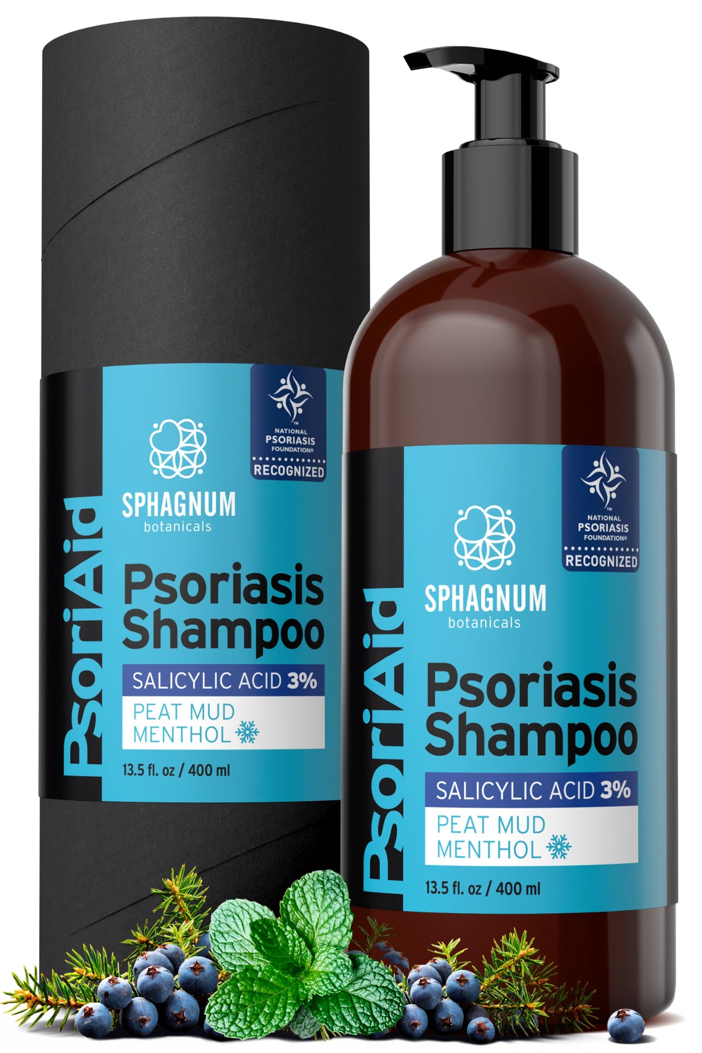 Sphagnum Botanicals Psoriasis Shampoo with Salicylic Acid for Women and Men, Natural Relief for Dry, Itchy, Flaky Scalp, Menthol and Peat Mud, Sulfate-Free Medicated Formula, 13.5 fl oz