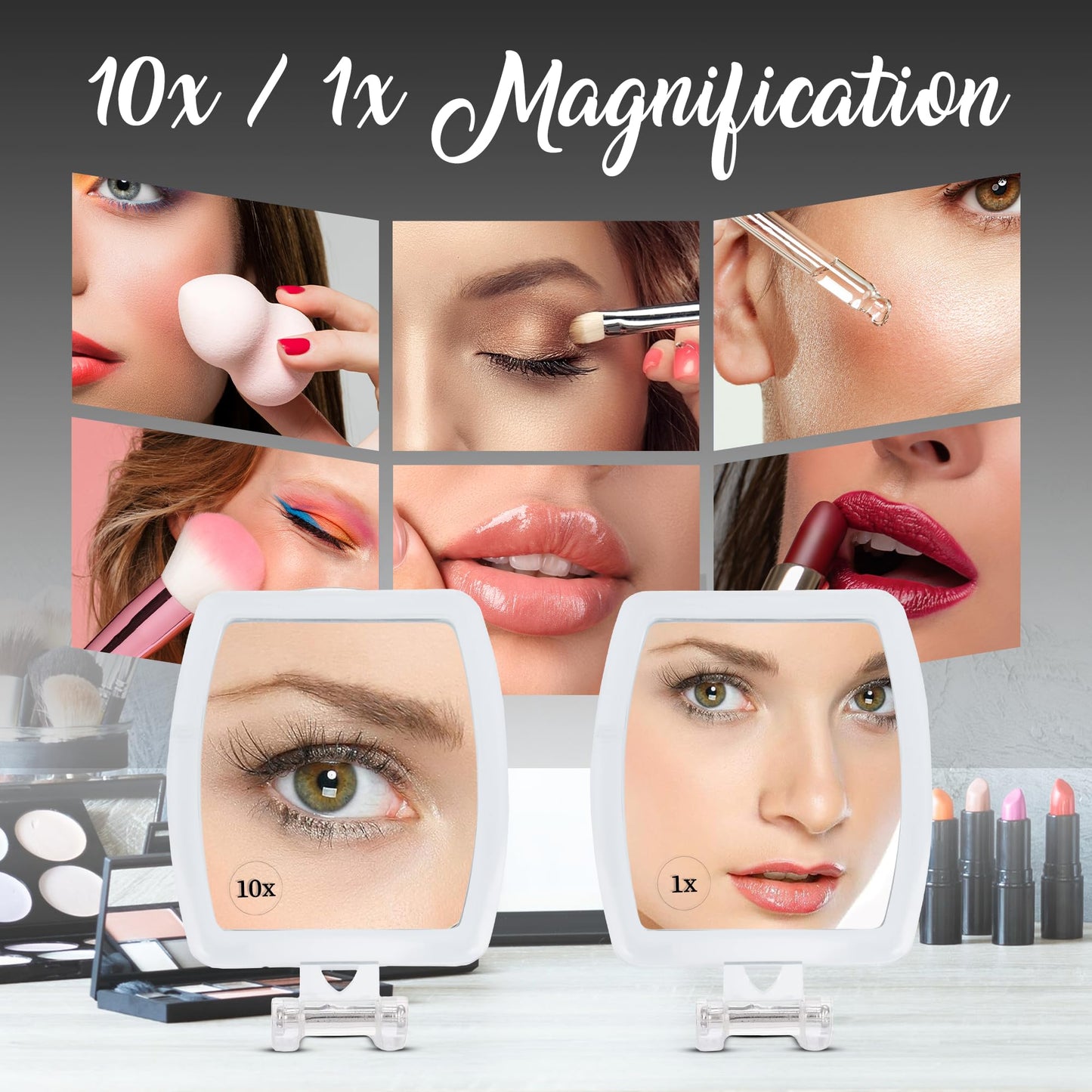 Small Double Sided 15x /1xMagnifying Tabletop Makeup Mirror for Desk, Dressing Table and Retail Store & 10X/1X Foldable Magnifying Hand Makeup Mirror, 3-in-1 Hand Mirror Bundle