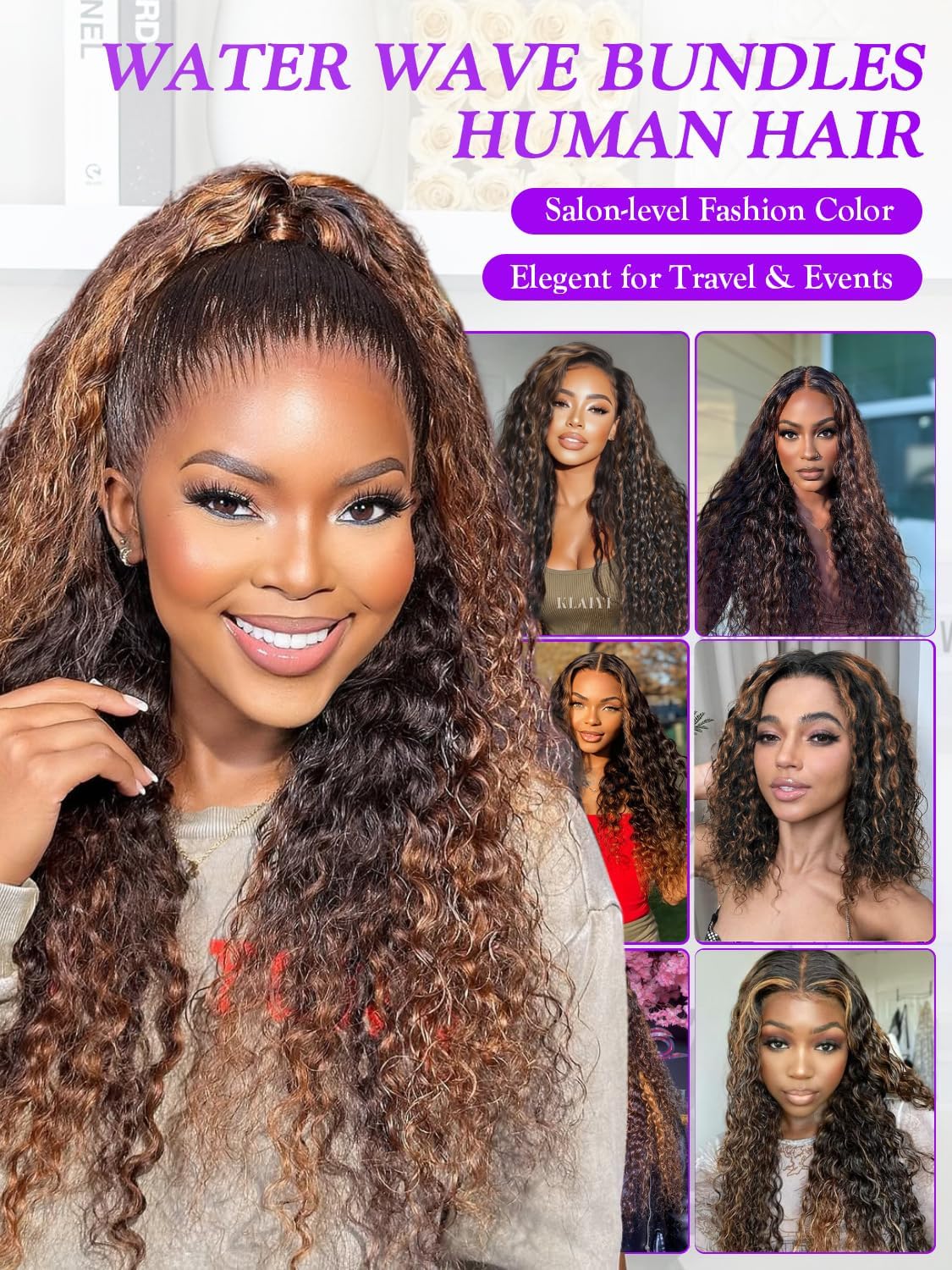Water Wave 1B/Burgundy Red Highlight Skunk Stripe Human Hair Bundle 12 Inch