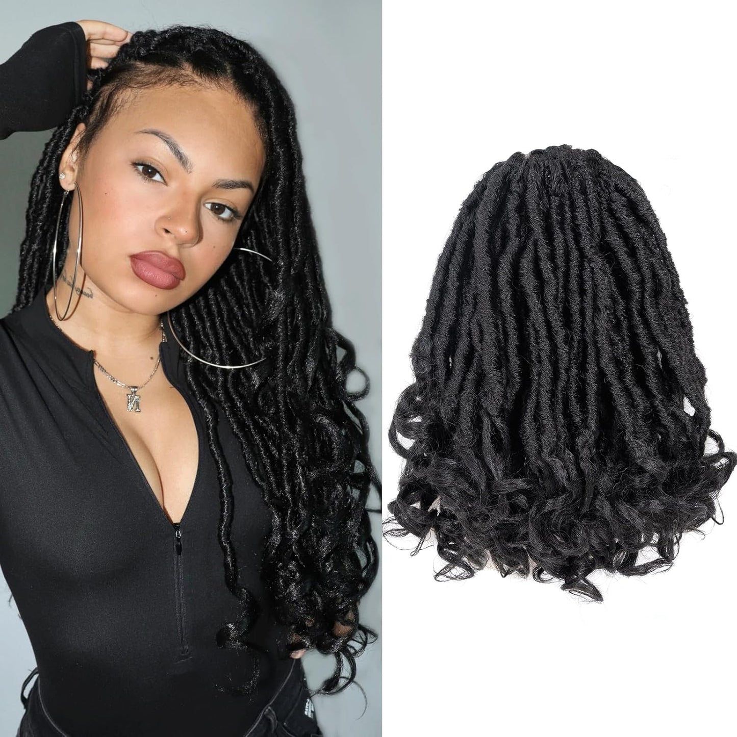 French Curl Locs Crochet Hair - 10 Inch Natural Black Faux Locs with Curly Ends | 8 Packs Pre-Looped Braiding Hair Extensions