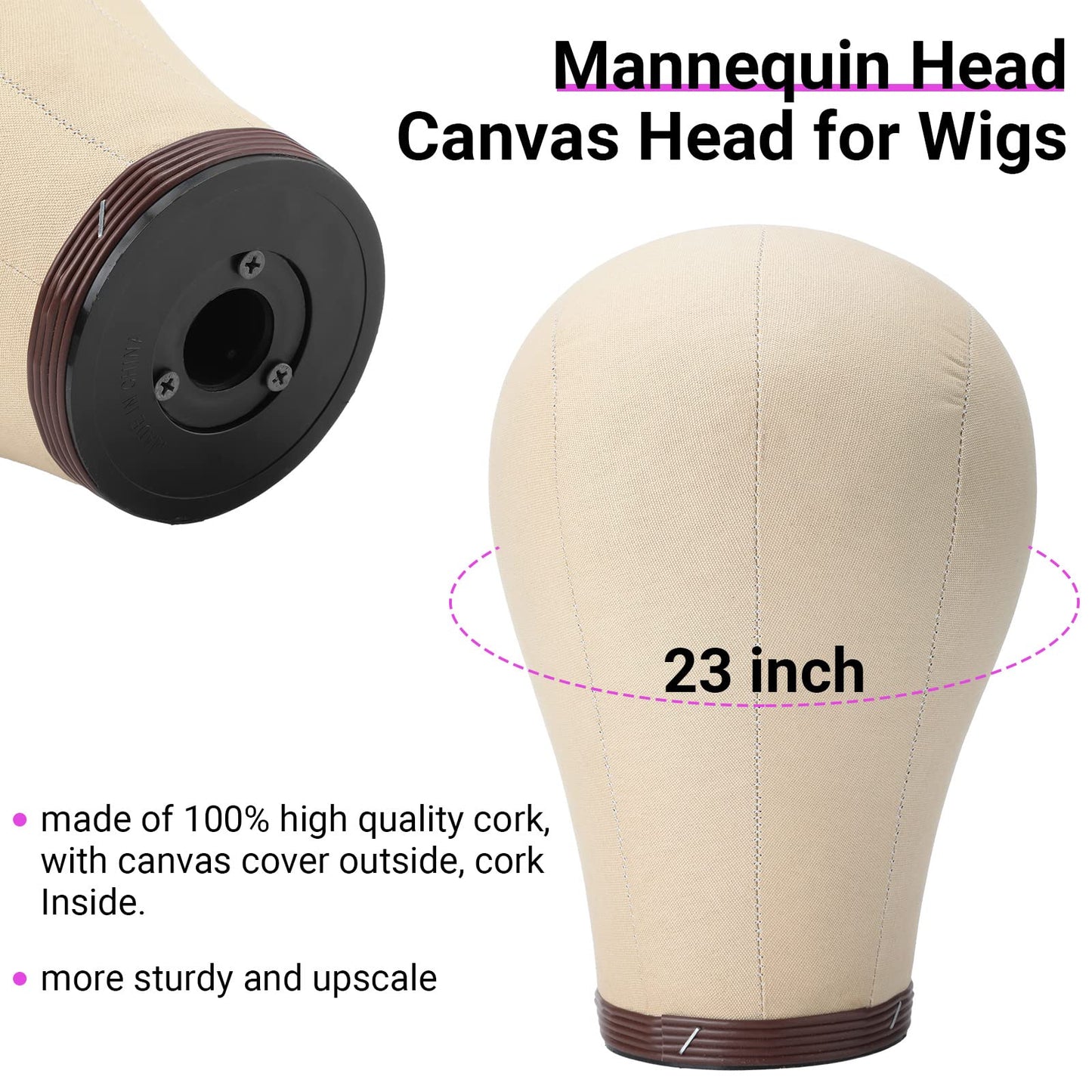 Yahenda 23 Inch Wig Cork Canvas Block Head with Mannequin Tripod Head Stand Wig Holder Stand with Pins Wigs Making Kit and Supplies Accessories for Cosplay Making Wigs Styling Display (White)