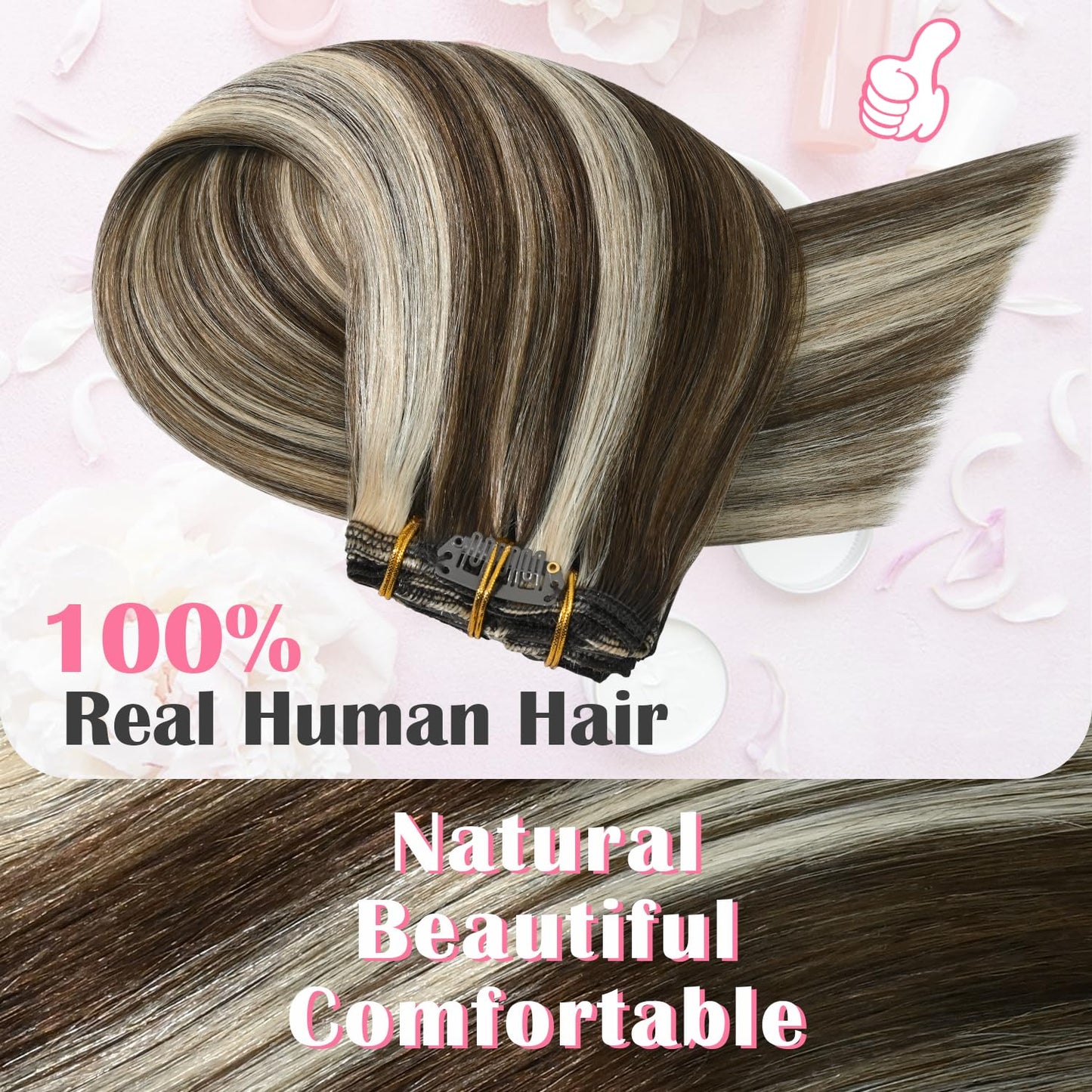 Aison Clip In Extensions Real Human Hair Balayage 75G Medium Brown to Blonde 100% Remy Human Hair Straight for Women 7pcs 16clips (15 Inch #4P613)