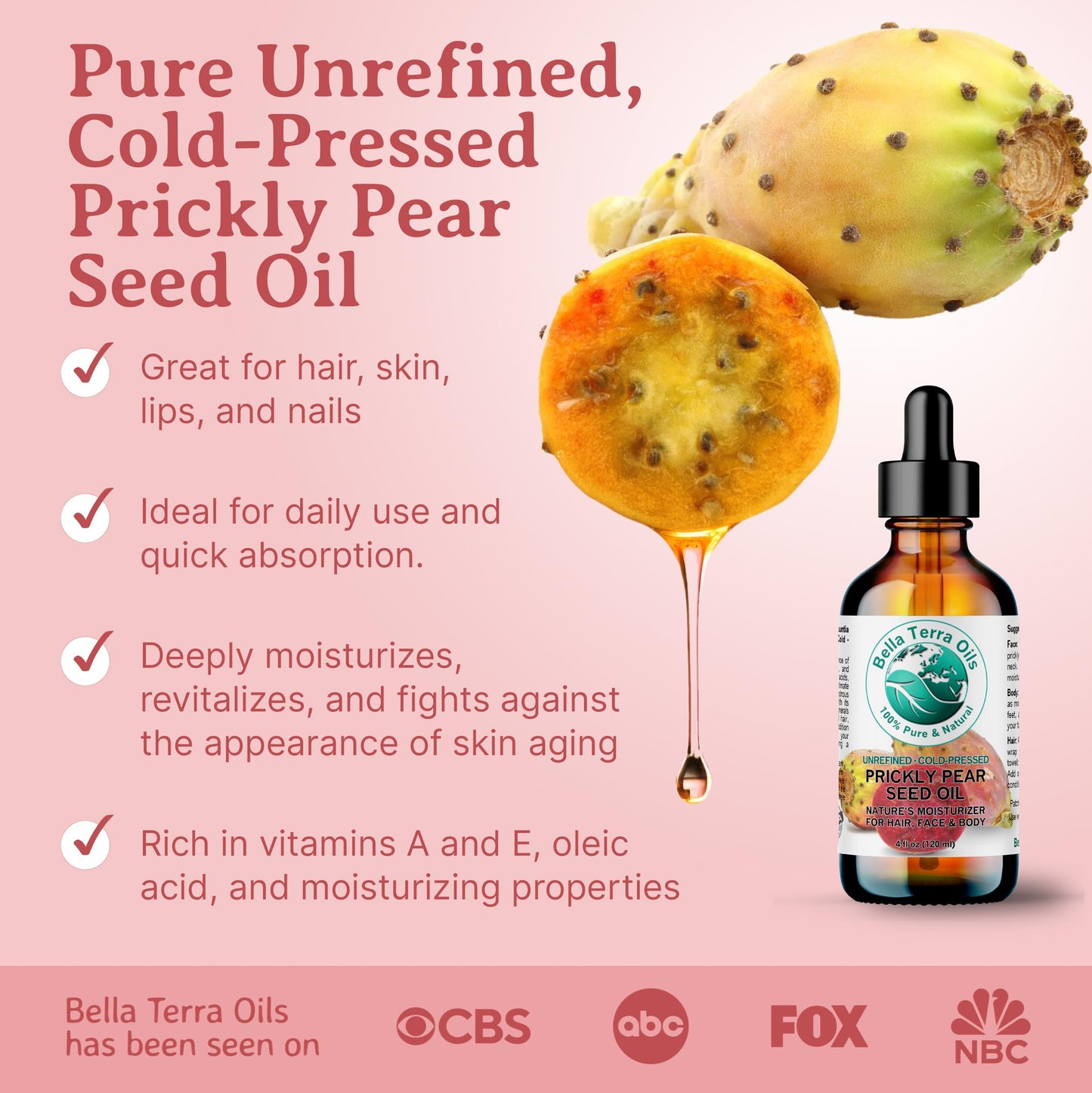 Bella Terra Oils - Prickly Pear Seed Oil 8 oz - Dive into the Richness of Cactus Oil, Bursting with Antioxidants & Minerals, Elevate Your Skin’s Vitality