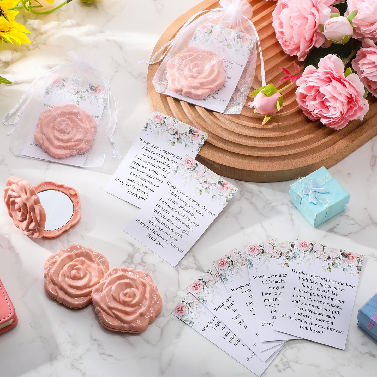 FoldTier 50 Sets Bridal Shower Party Favors for Guests Small Rose Compact Mirror Bulk Wedding Favors Thank You Cards and Organza Bags Wedding Party Guests Souvenir Gift (Pink Champagne)