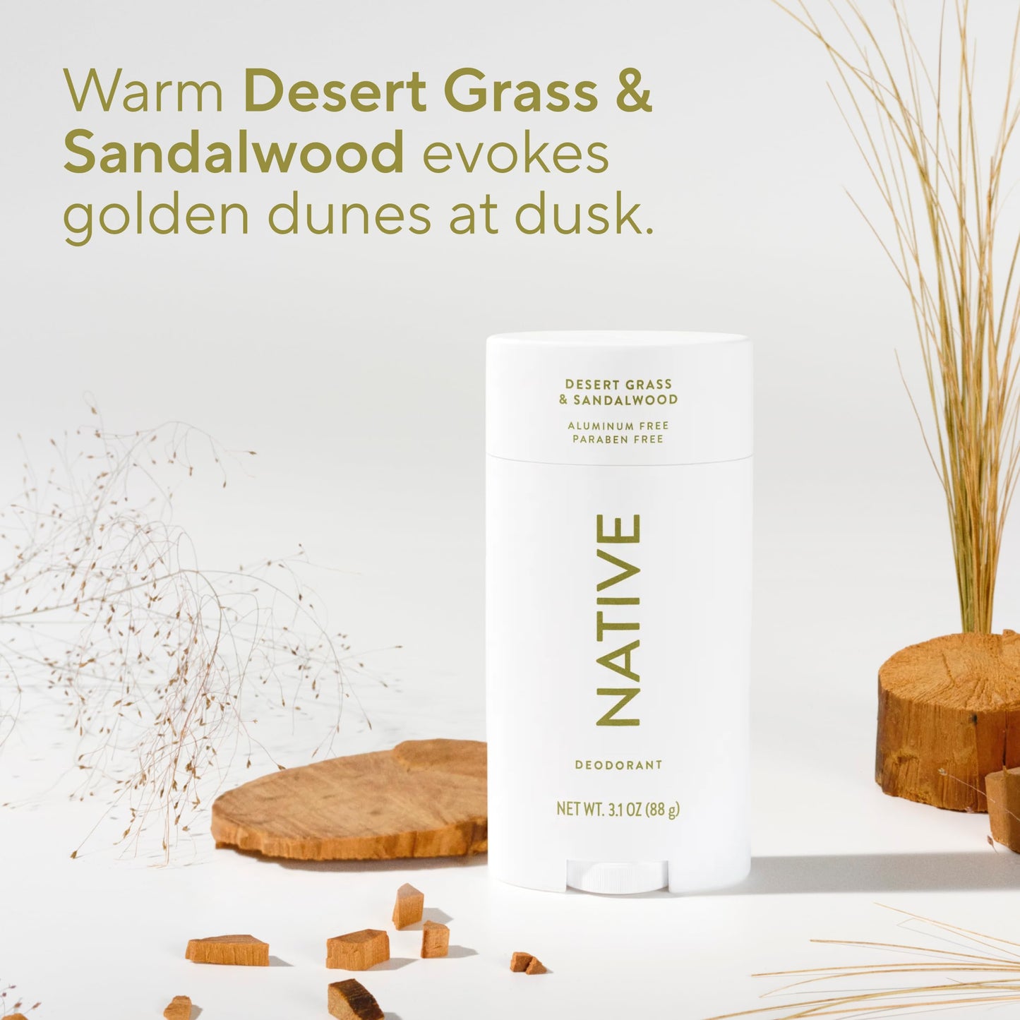 Native Aluminum Free Deodorant, Desert Grass & Sandalwood, Large Size Stick, 72 Hour Odor Control, for Women & Men, Contains Naturally Derived Ingredients, 3.1 oz