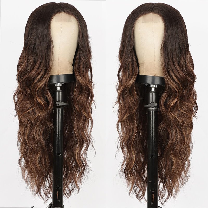 XIXIBI Long Brown Wigs for Women Ombre Brown with Blonde Highlights Wavy Wig Synthetic Middle Part Natural Looking Heat Resistant Wigs for Daily Party Use