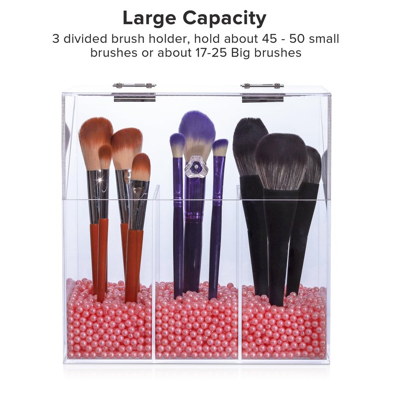 LOHRYVIO Acrylic Makeup Brush Holder with Lid - Clear Cosmetic Makeup Brush Organizer and Storage Box with Cover for Vanity - Large Capacity 3-Slots Container for Brushes (Clear)