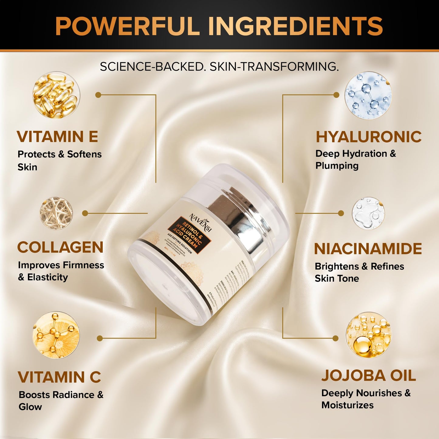 Navensi Retinol Face Cream 50ml | Anti Aging Moisturizer With Vitamin C, Hyaluronic Acid & Collagen | Reduces Wrinkles, Fine Lines & Dark Spots | Deep Hydrating & Firming Night Cream