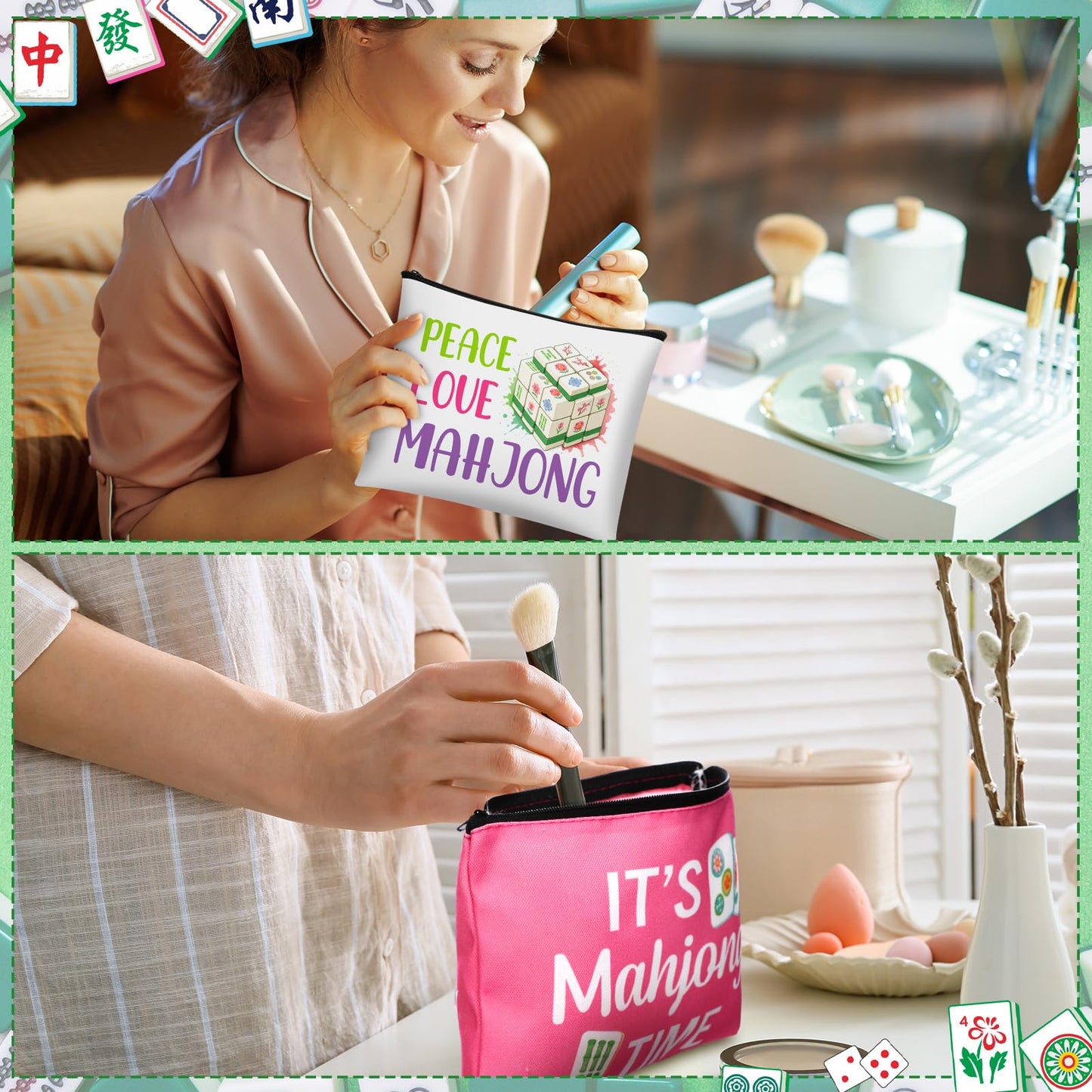 SilTriangle 16 Pcs Mahjong Cosmetic Bag Gifts for Women Mahjong Makeup Bag Mah Jong Zippered Pouch for Lover Player Mothers Birthday Party Lucky Mah Jong Gift Coquette Accessories (Styles 2)