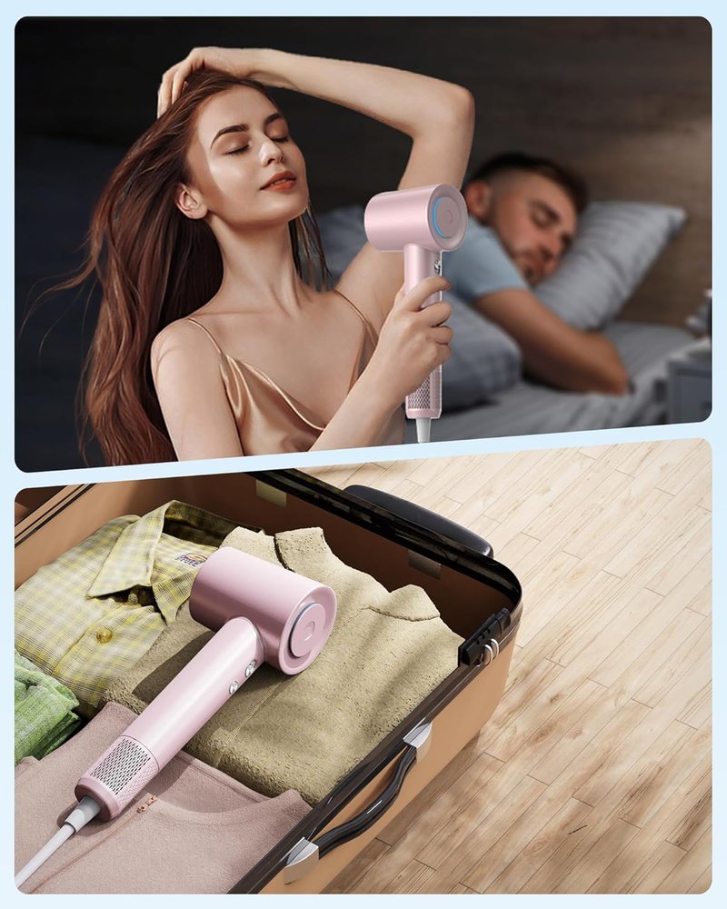 Negative Ion Hair Dryer - High-Speed 110,000 RPM Brushless Motor, 3 Heat Settings | 360° Rotating Nozzle (Pink)