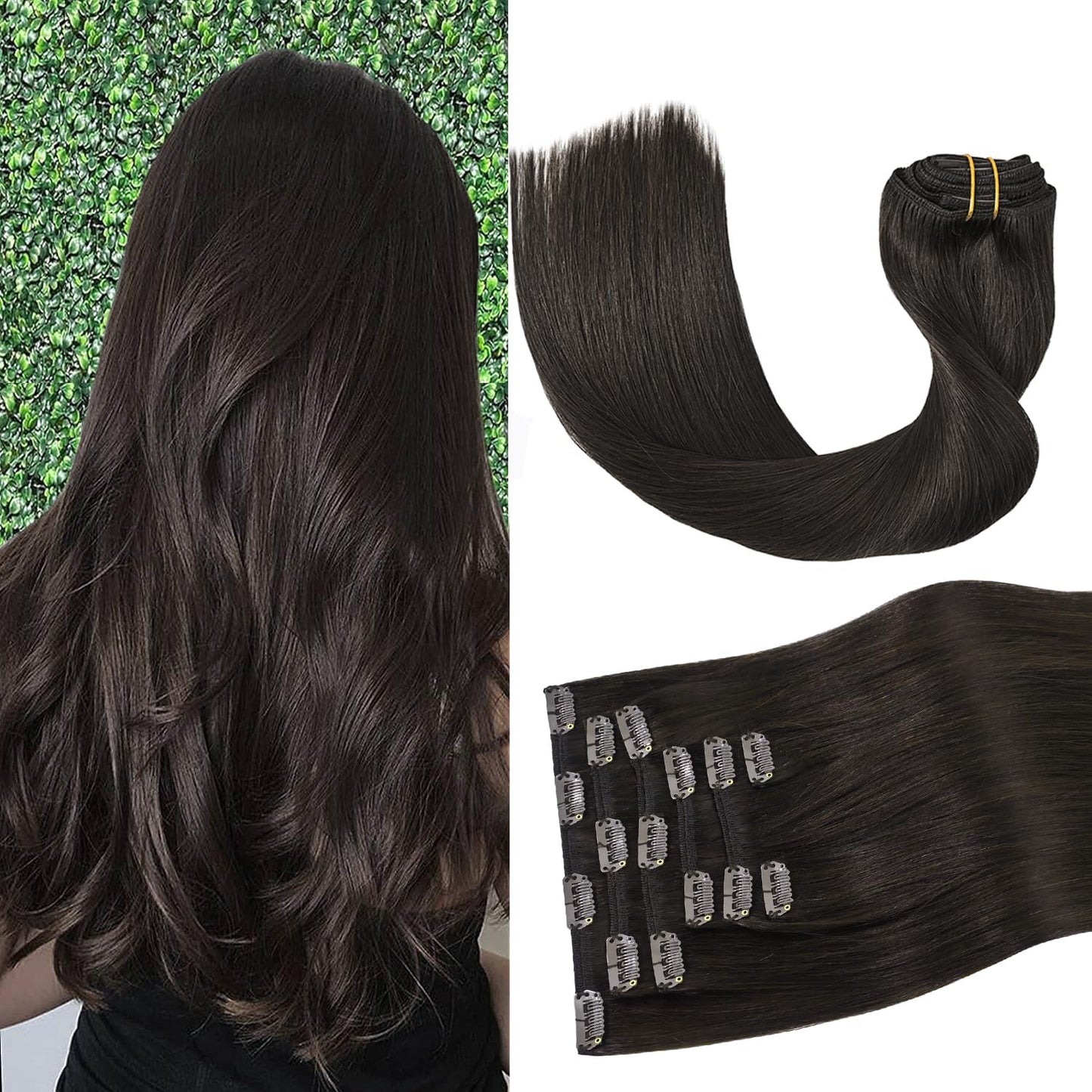 Real Human Hair Clip-In Extensions - Dark Brown 18 Inch, 75G, Seamless 7-Piece Set | Perfect for Women