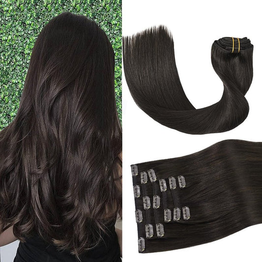 Real Human Hair Clip-In Extensions - Dark Brown 18 Inch, 75G, Seamless 7-Piece Set | Perfect for Women