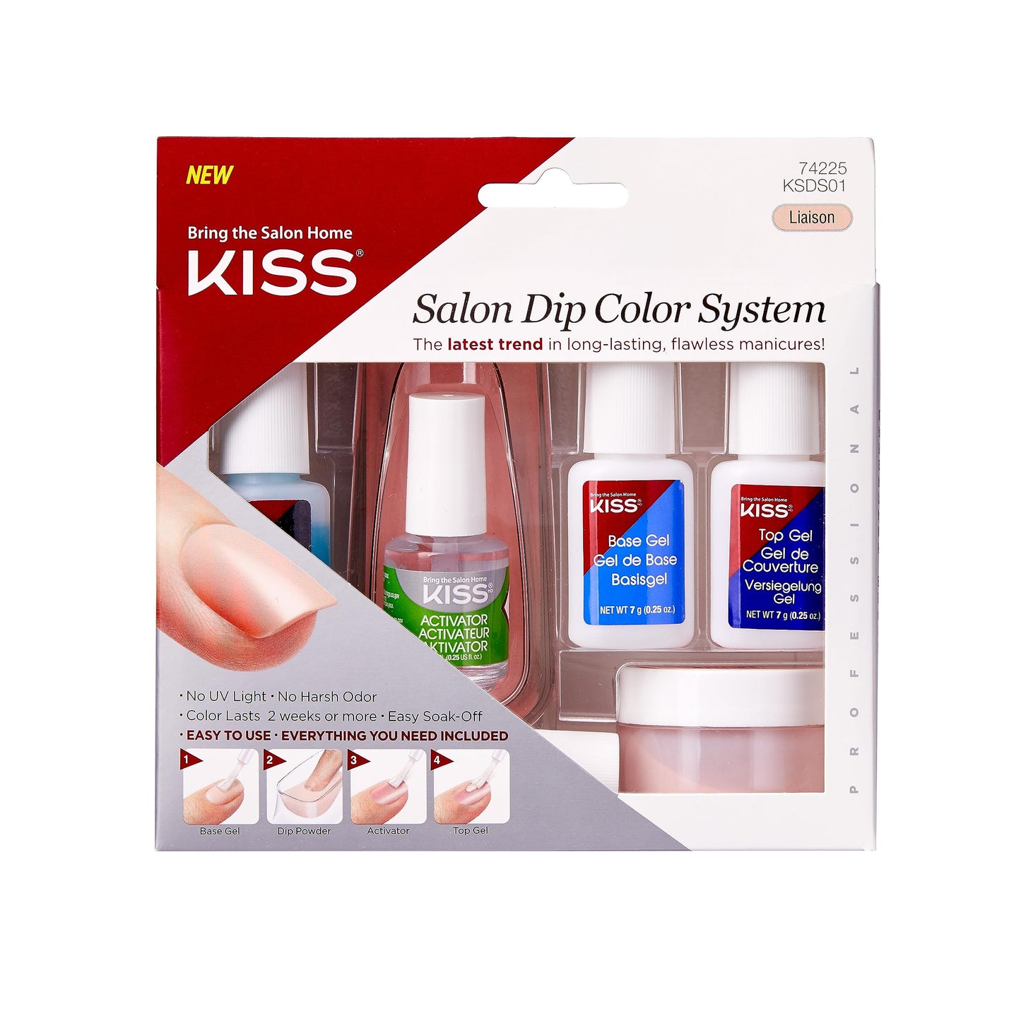 KISS Salon Dip Color System Dip Powder Nail Kit, 'Liaison', No UV Light Needed, Includes 7g Base Gel, 7g Top Gel, 7.5ml Activator, 9g Dip Powder, 7.5ml Brush Softener