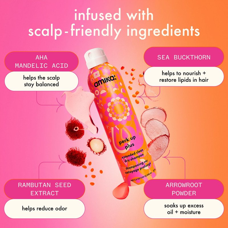 amika Perk Up Plus Extended Clean Dry Shampoo, 2.5oz | revitalizes roots + boosts time between washes with no residue or build up | for all hair types